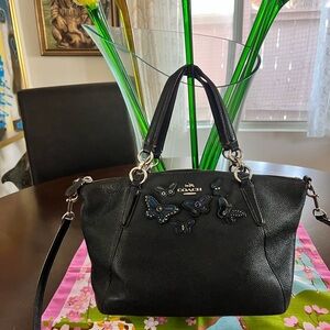 Coach Black Leather Shoulder Bag with Butterfly Accents